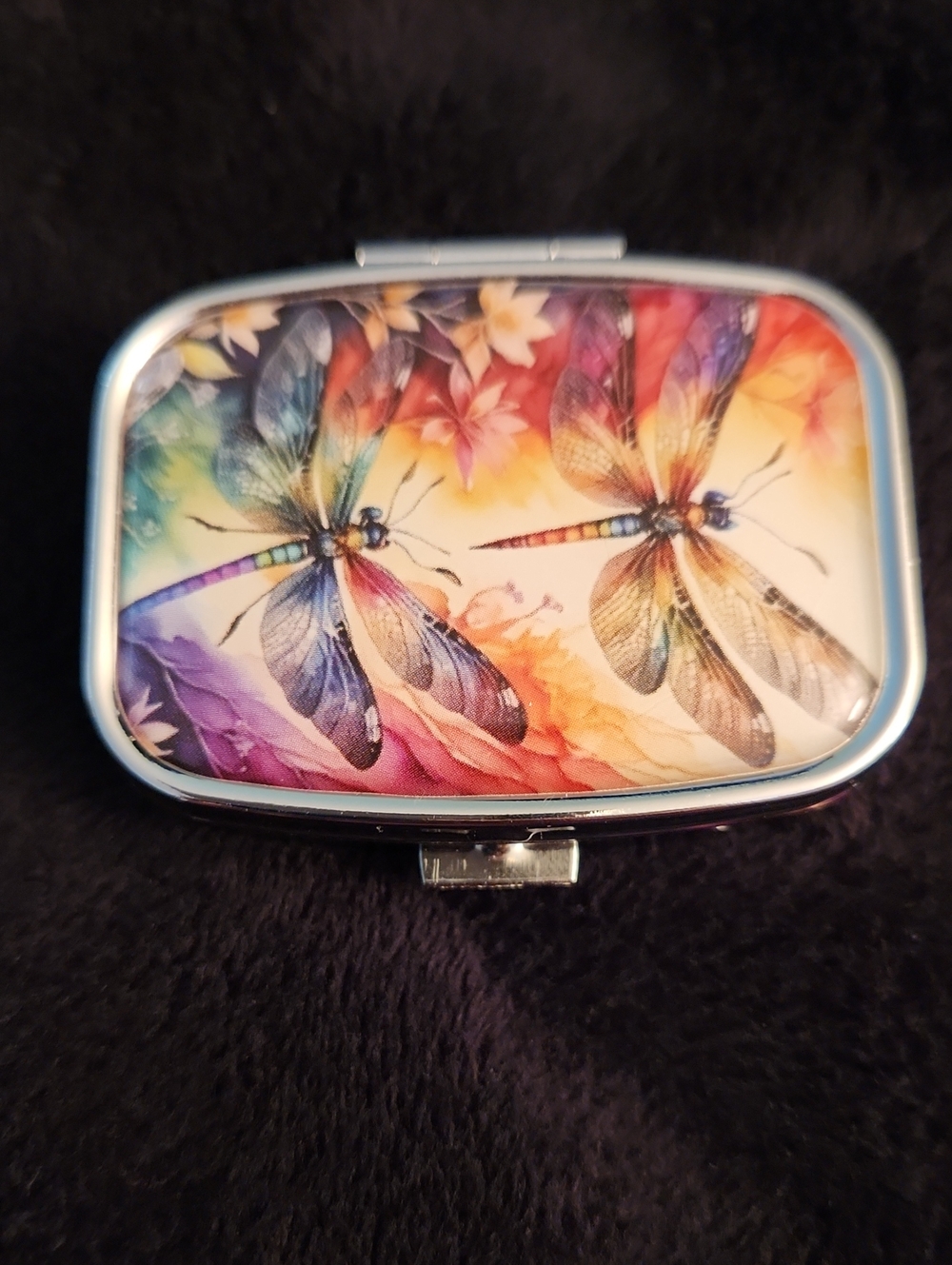 NEW - PILL CASE...PILL CONTAINER...WITH A MIRROR - Dragonflies